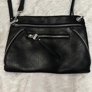 Nicole Miller New York Black Faux Leather Crossbody Bag Silver Zipper Detail